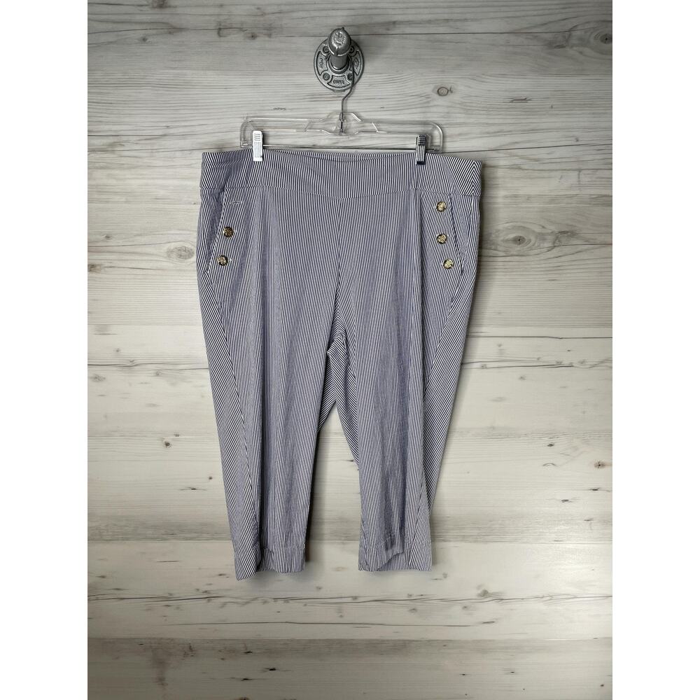 Roz & Ali Capri Pants Womens 18 Blue White Stripe‎ Sailor Nautical Gold Buttons
